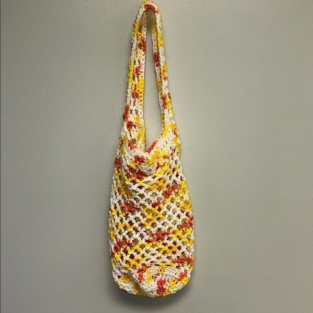 Handmade Crochet White Orange Yellow CandyCorn Colored Small Fishnet Market Tote